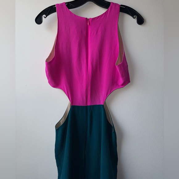 Naven Hot Pink and Teal Side Cutout High Neck Silk Mini Dress - Picture 3 of 7